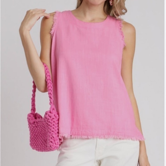 5/$25🐼 Umgee Pink Linen Blend Sleeveless Top Button Back Intentional Fraying M - Picture 1 of 6